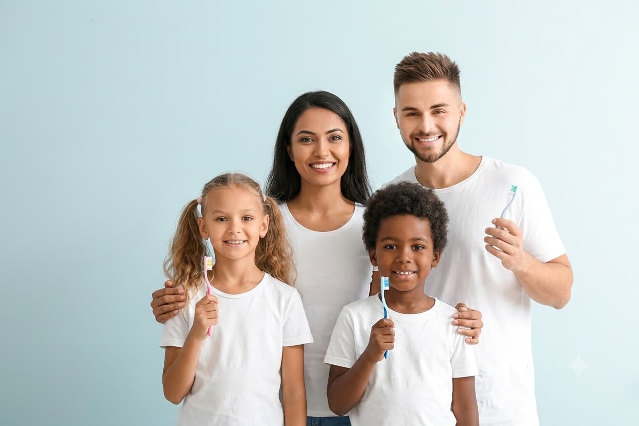 A family of four smiling, each holding a toothbrush